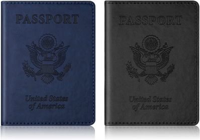 Passport Holder with Vaccine Card Slot Holder for Men & Women;  Waterproof PU Leather;  (Dark Blue & Black) 2 Pack